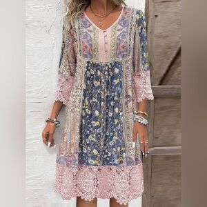 Full Size Floral Lace Trim V-Neck Dress Plus Size
